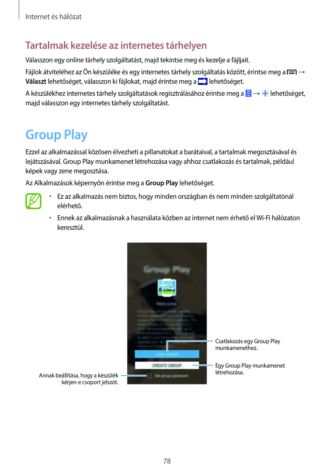 Samsung SM-N9005ZKEXEO, SM-N9005ZWEDBT, SM-N9005ZWEXEO manual Group Play, Tartalmak kezelése az internetes tárhelyen 