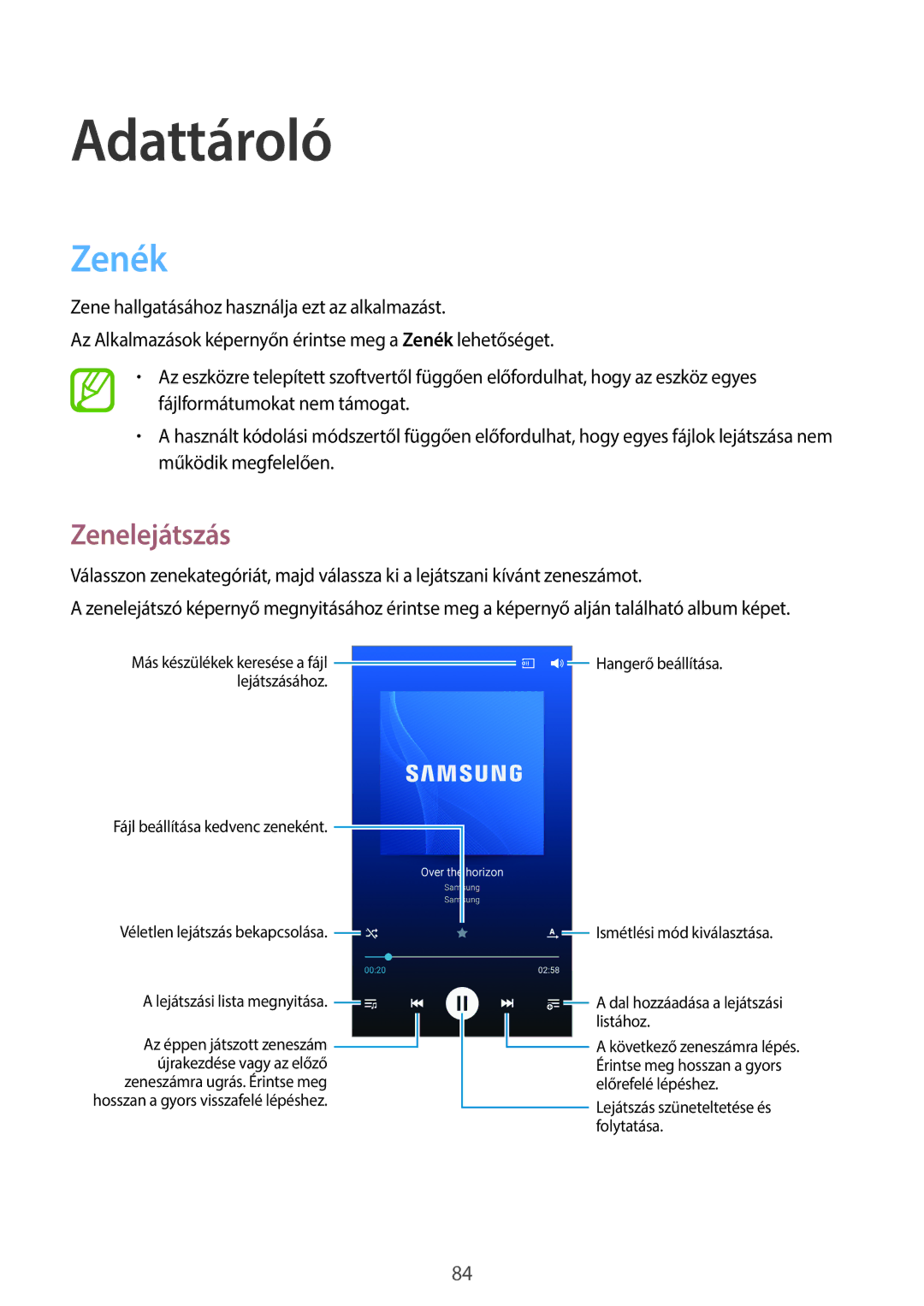 Samsung SM-N9005ZWEETL, SM-N9005ZKEXEO, SM-N9005ZWEDBT, SM-N9005ZWEXEO, SM-N9005ZKEPRT manual Adattároló, Zenék, Zenelejátszás 