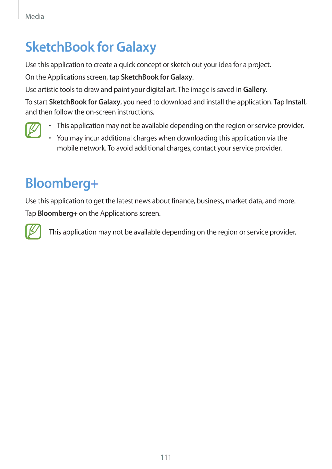 Samsung SM-N9005ZKEPLS, SM-N9005ZKEXEO, SM-N9005ZWEVD2, SM-N9005ZWETMN, SM-N9005ZWETCL manual SketchBook for Galaxy, Bloomberg+ 