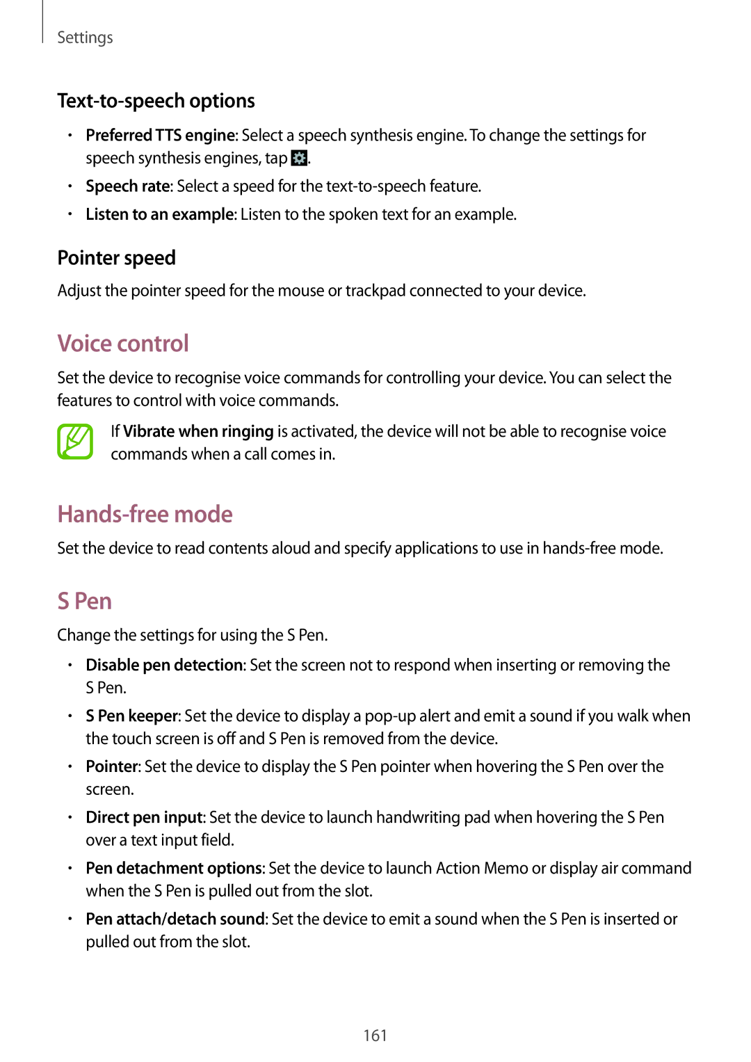 Samsung SM-N9005ZKEMEO, SM-N9005ZKEXEO, SM-N9005ZWEVD2 manual Voice control, Pen, Text-to-speech options, Pointer speed 