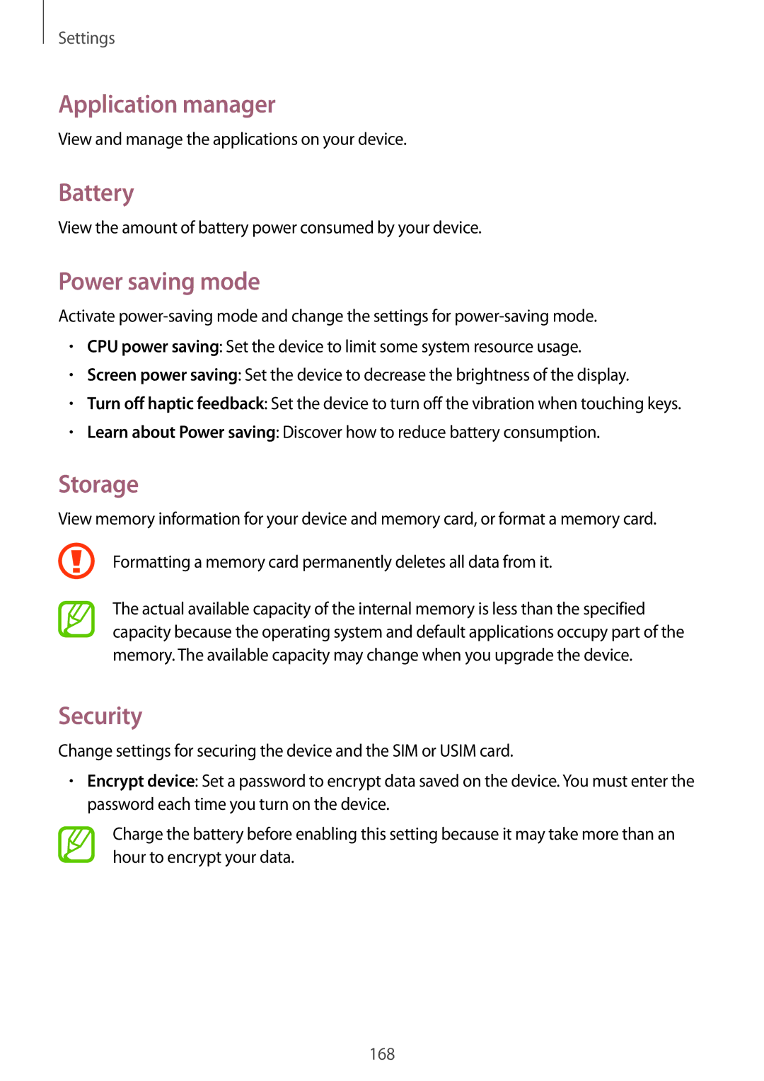 Samsung SM-N9005ZKEPRT, SM-N9005ZKEXEO, SM-N9005ZWEVD2 Application manager, Battery, Power saving mode, Storage, Security 