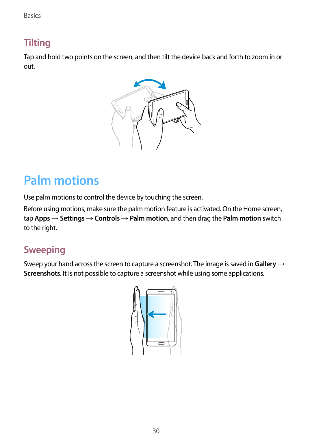 Samsung SM-N9005ZWEFTM, SM-N9005ZKEXEO, SM-N9005ZWEVD2, SM-N9005ZWETMN, SM-N9005ZWETCL manual Palm motions, Tilting, Sweeping 