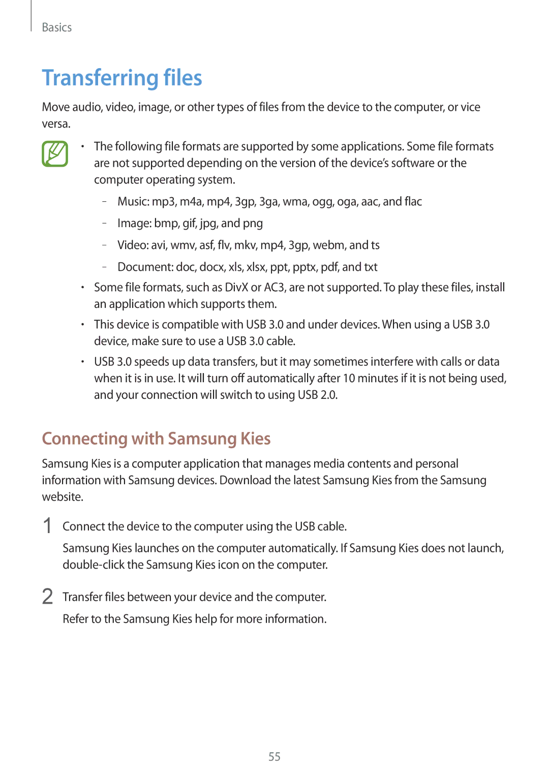 Samsung SM-N9005ZKEXEH, SM-N9005ZKEXEO, SM-N9005ZWEVD2, SM-N9005ZWETMN manual Transferring files, Connecting with Samsung Kies 