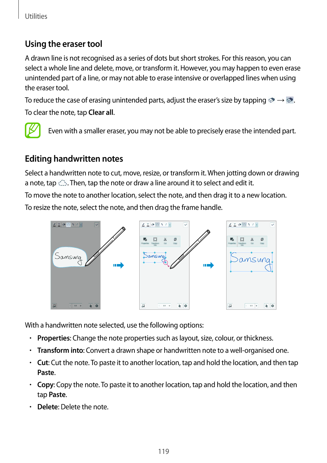 Samsung SM-N9005ZWENEE, SM-N9005ZKEXEO, SM-N9005ZWEVD2, SM-N9005ZWETMN manual Using the eraser tool, Editing handwritten notes 