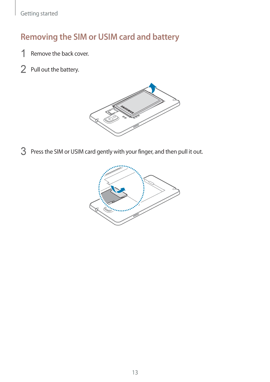 Samsung SM-N9005ZKEMEO, SM-N9005ZKEXEO, SM-N9005ZWEVD2, SM-N9005ZWETMN manual Removing the SIM or Usim card and battery 