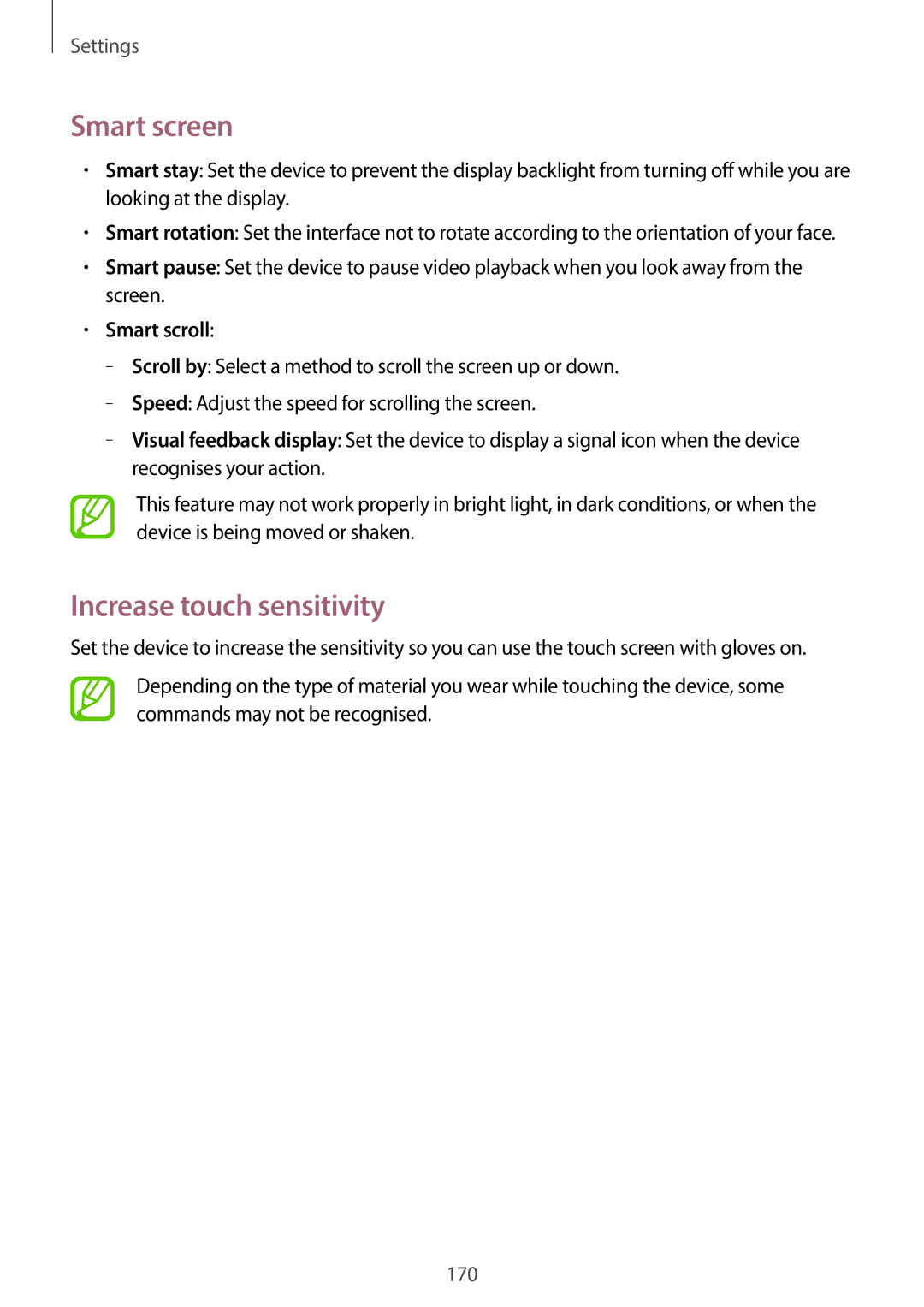 Samsung SM-N9005ZWEDTM, SM-N9005ZKEXEO, SM-N9005ZWEVD2 manual Smart screen, Increase touch sensitivity, Smart scroll 