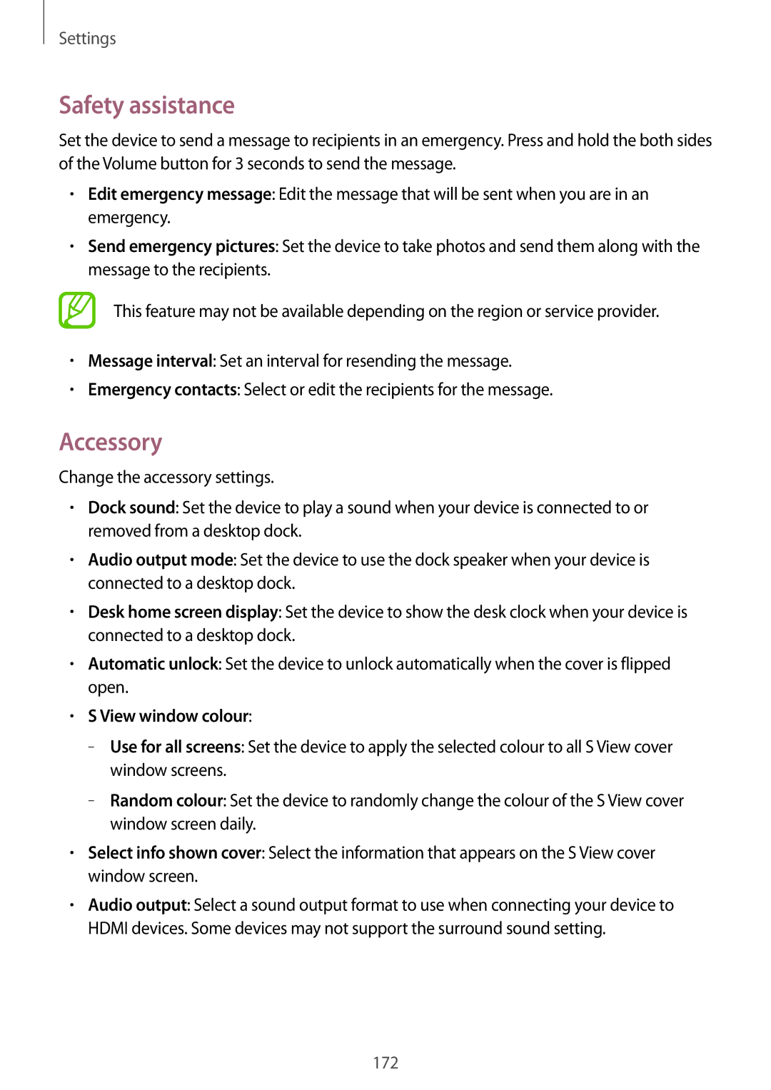 Samsung SM-N9005ZKEDTM, SM-N9005ZKEXEO, SM-N9005ZWEVD2, SM-N9005ZWETMN manual Safety assistance, Accessory, View window colour 