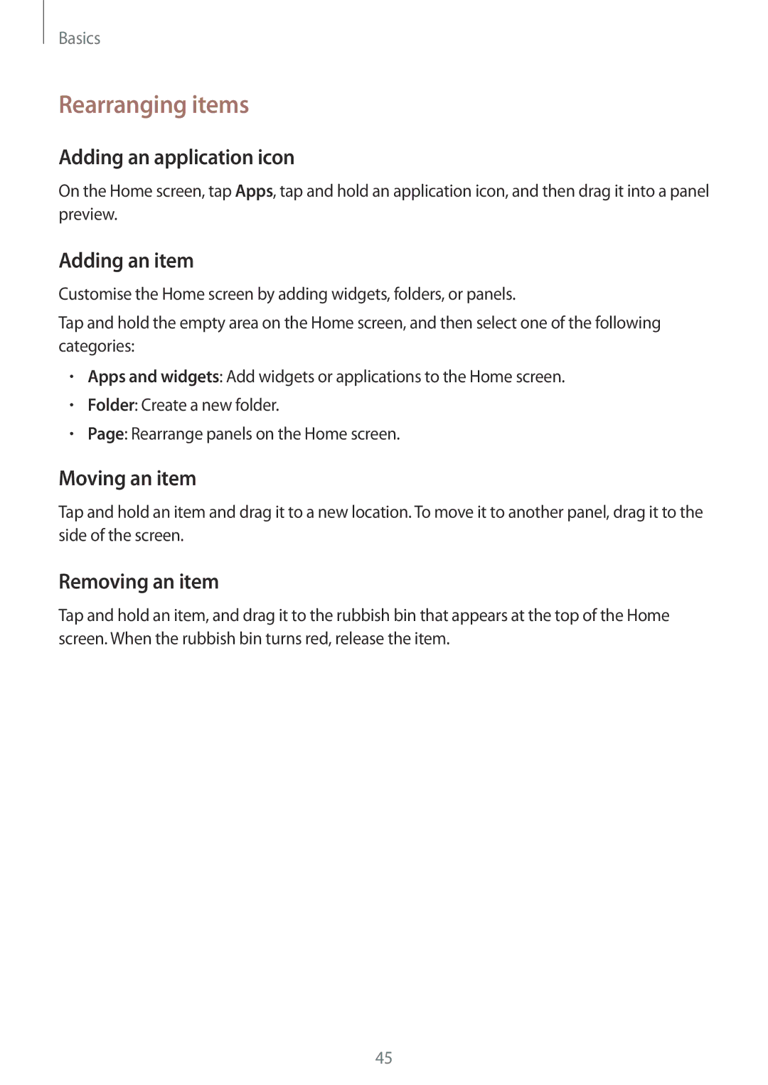 Samsung SM-N9005ZIEITV Rearranging items, Adding an application icon, Adding an item, Moving an item, Removing an item 