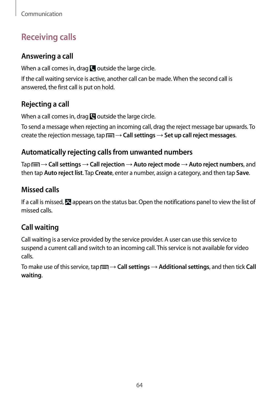 Samsung SM-N9005ZWEPHN, SM-N9005ZKEXEO, SM-N9005ZWEVD2, SM-N9005ZWETMN, SM-N9005ZWETCL, SM-N9005ZWEITV manual Receiving calls 