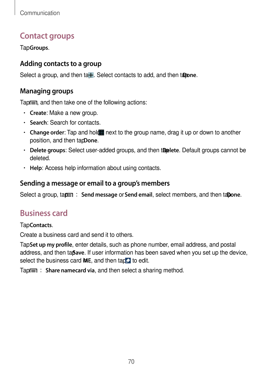 Samsung SM-N9005ZWEEUR, SM-N9005ZKEXEO manual Contact groups, Business card, Adding contacts to a group, Managing groups 