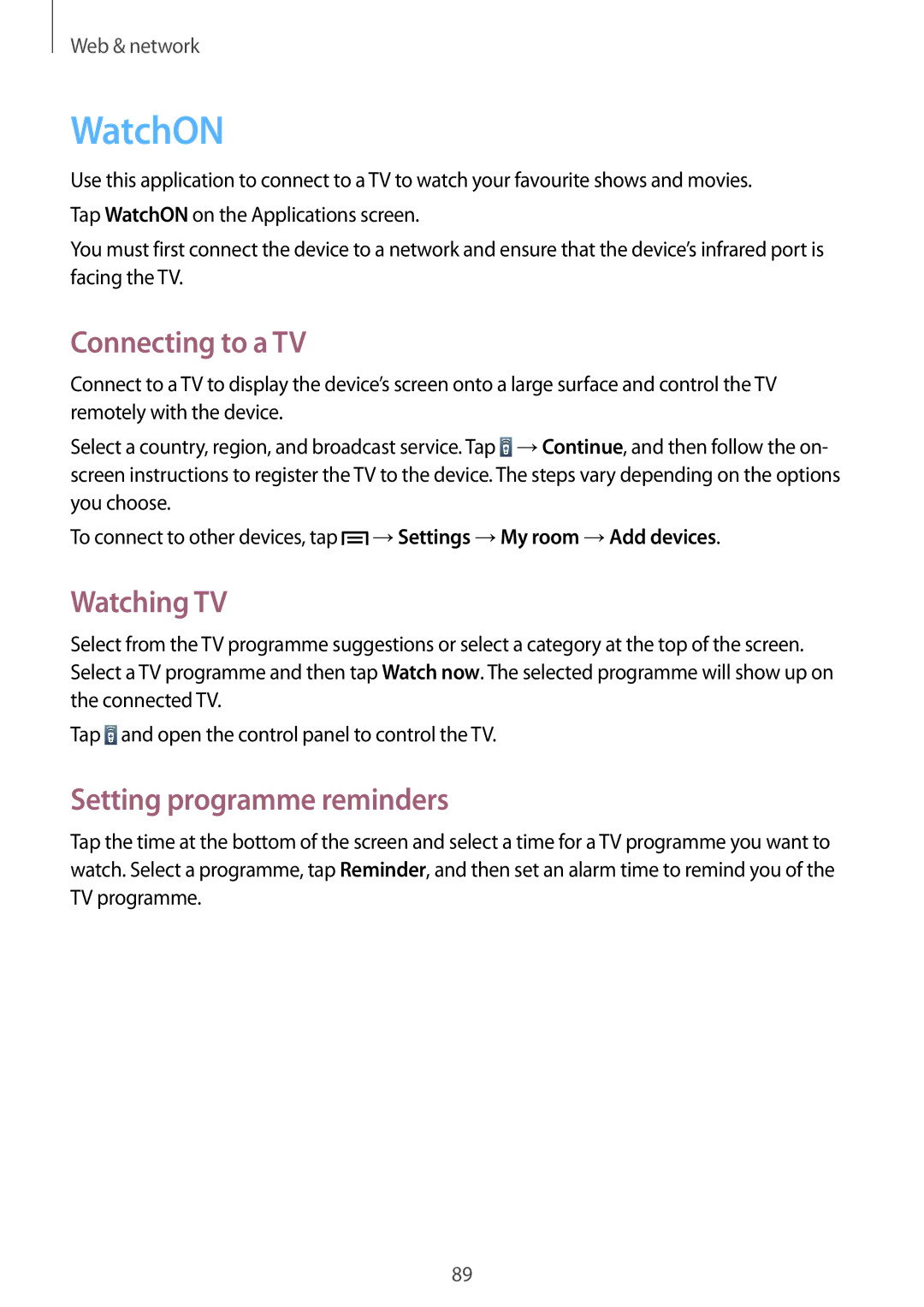 Samsung SM-N9005ZWEVIP, SM-N9005ZKEXEO manual WatchON, Connecting to a TV, Watching TV, Setting programme reminders 