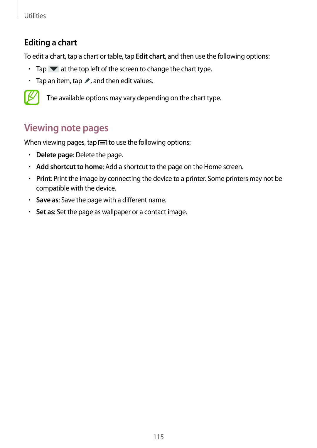 Samsung SM-N9005WDENEE, SM-N9005ZKEXEO, SM-N9005ZWEVD2, SM-N9005ZWETMN, SM-N9005ZWETCL Viewing note pages, Editing a chart 