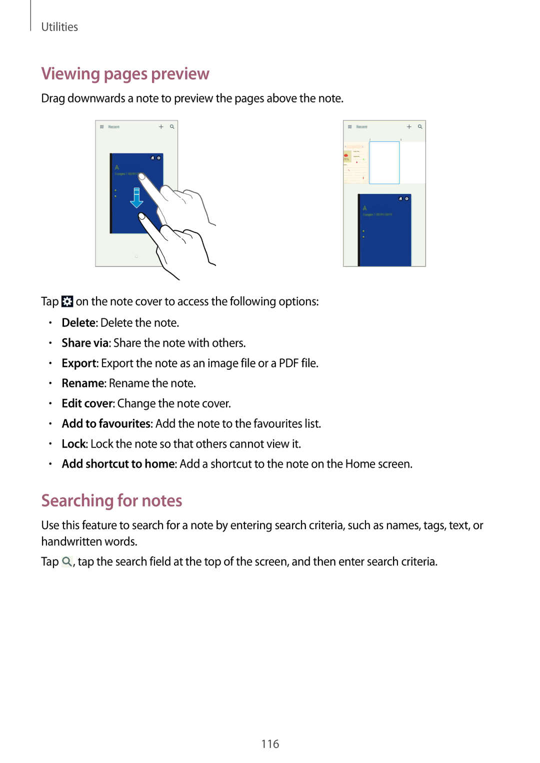 Samsung SM-N9005ZKENEE, SM-N9005ZKEXEO, SM-N9005ZWEVD2, SM-N9005ZWETMN manual Viewing pages preview, Searching for notes 