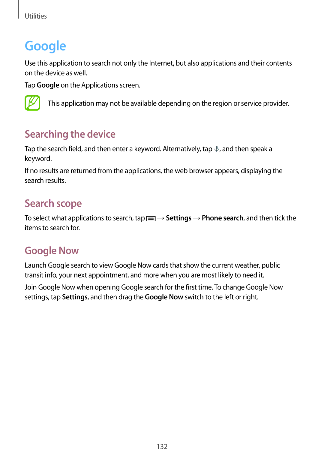 Samsung SM-N9005ZKECOA, SM-N9005ZKEXEO, SM-N9005ZWEVD2, SM-N9005ZWETMN Searching the device, Search scope, Google Now 