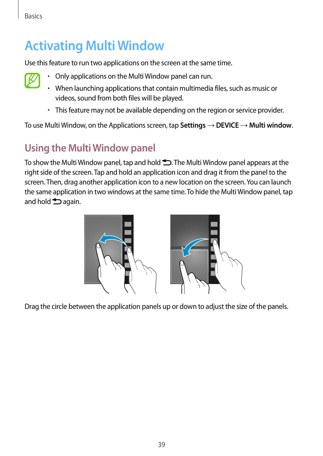 Samsung SM-N9005BDEXEF, SM-N9005ZKEXEO, SM-N9005ZWEVD2, SM-N9005ZWETMN Activating Multi Window, Using the Multi Window panel 