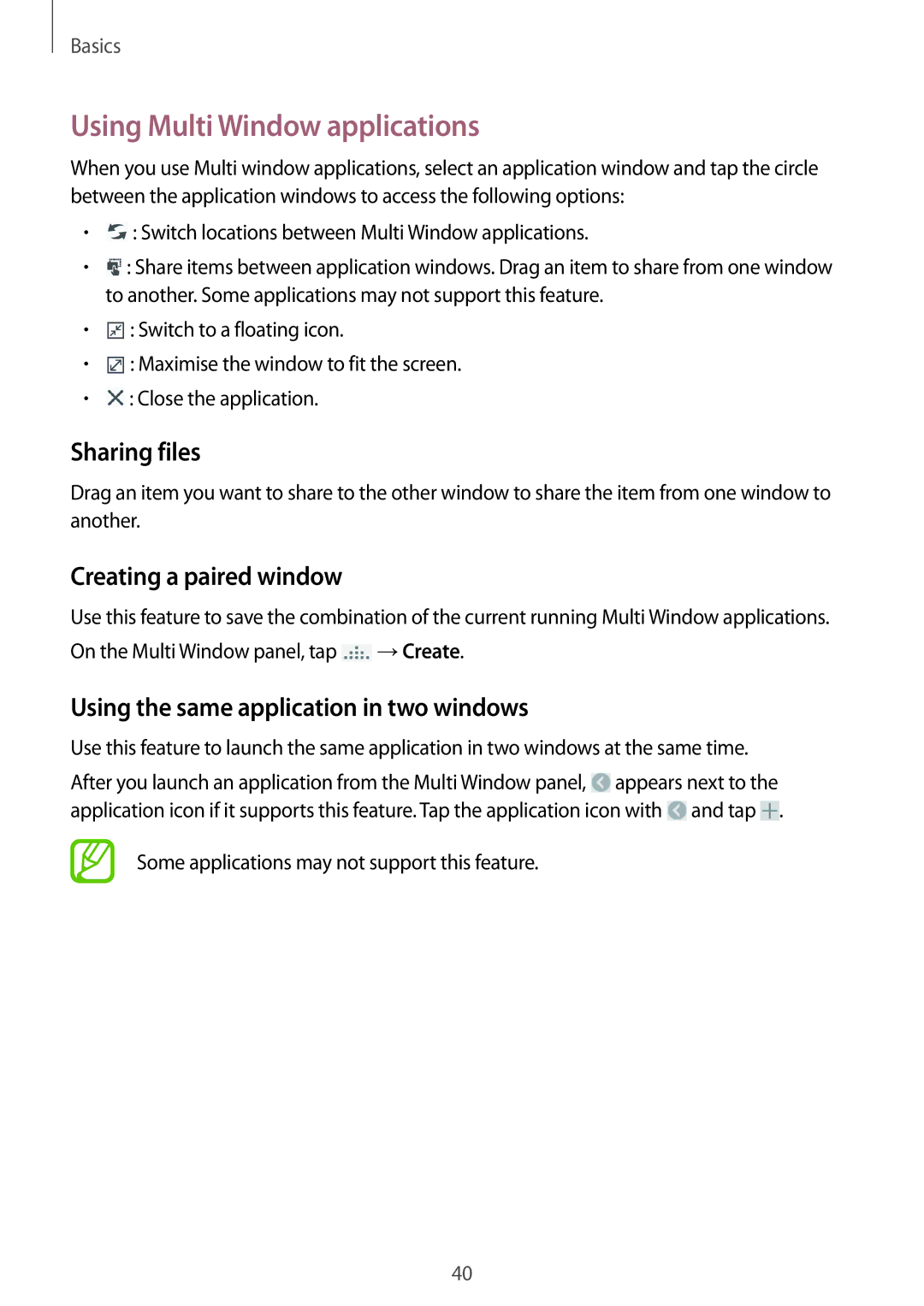 Samsung SM-N9005ZKEH3G, SM-N9005ZKEXEO manual Using Multi Window applications, Sharing files, Creating a paired window 