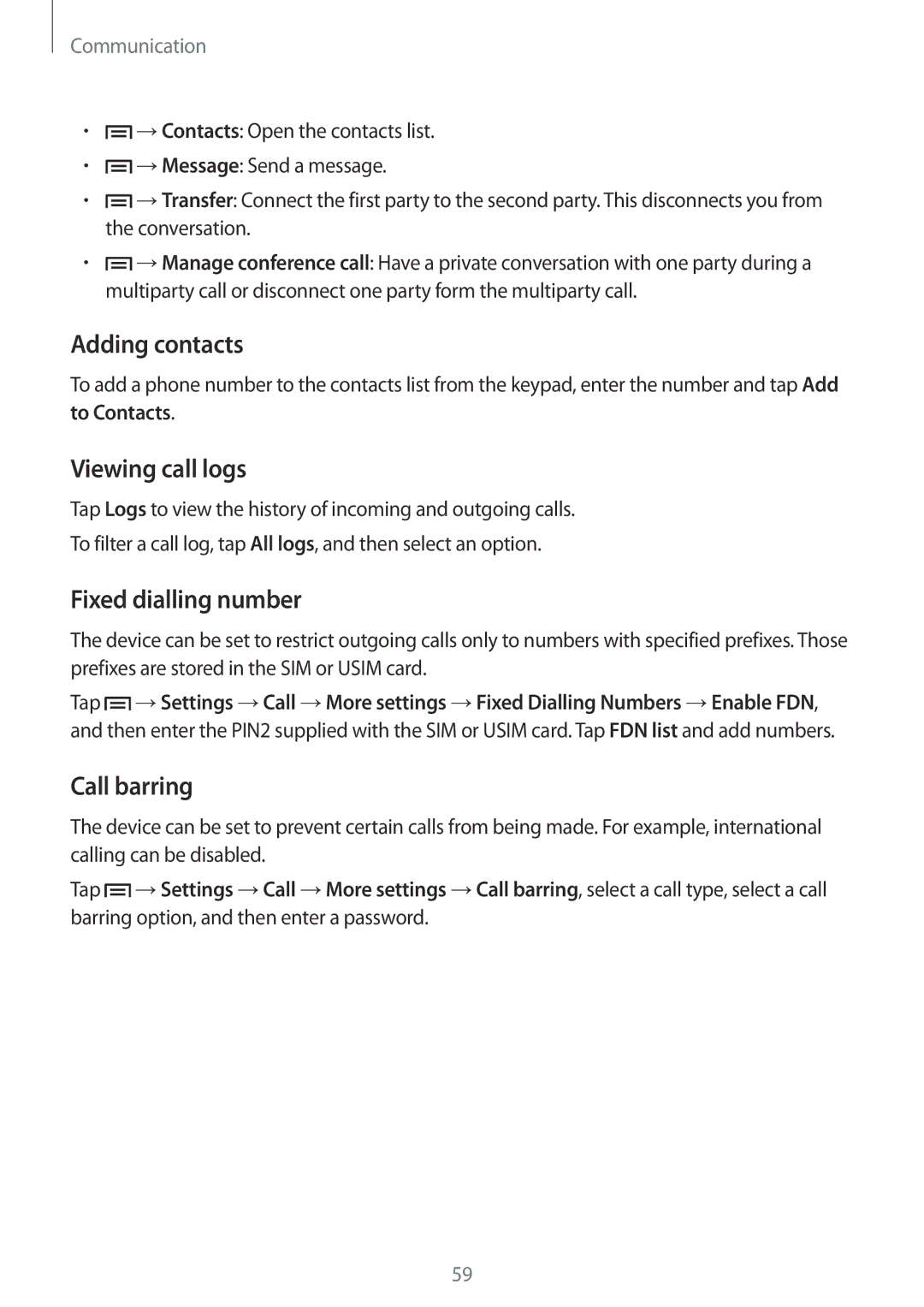 Samsung SM-N9005ZWEETL, SM-N9005ZKEXEO manual Adding contacts, Viewing call logs, Fixed dialling number, Call barring 