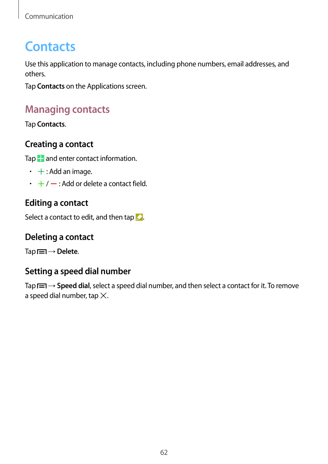 Samsung SM-N9005ZIEPHE, SM-N9005ZKEXEO, SM-N9005ZWEVD2, SM-N9005ZWETMN, SM-N9005ZWETCL manual Contacts, Managing contacts 