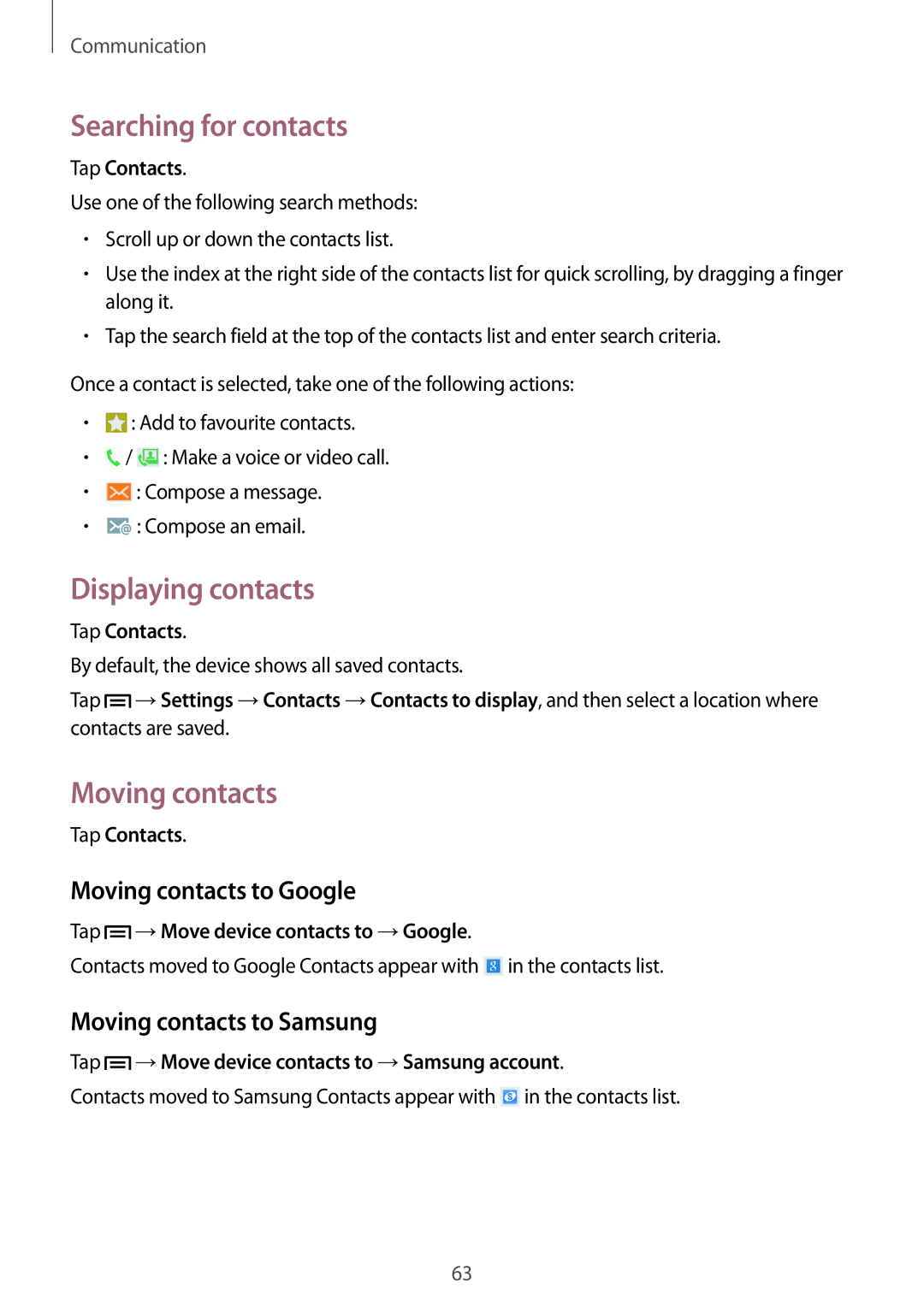 Samsung SM-N9005ZWEXEC, SM-N9005ZKEXEO manual Searching for contacts, Displaying contacts, Moving contacts to Google 