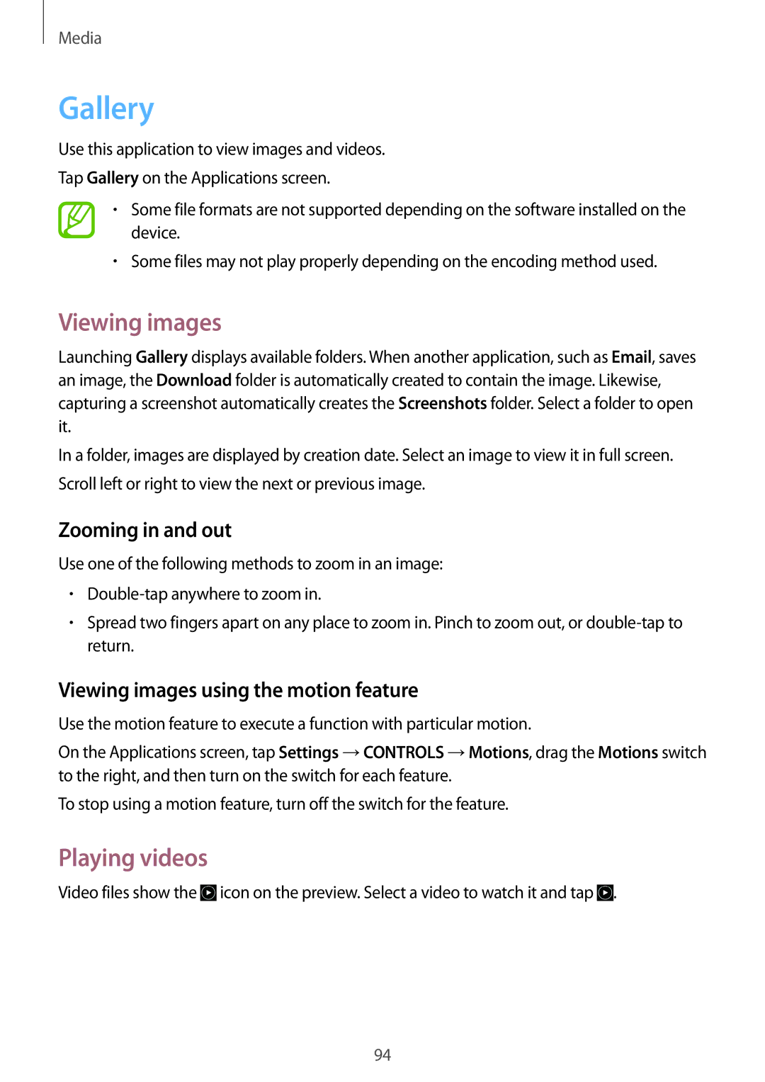 Samsung SM-N9005ZWEO2C, SM-N9005ZKEXEO, SM-N9005ZWEVD2 manual Gallery, Viewing images, Playing videos, Zooming in and out 