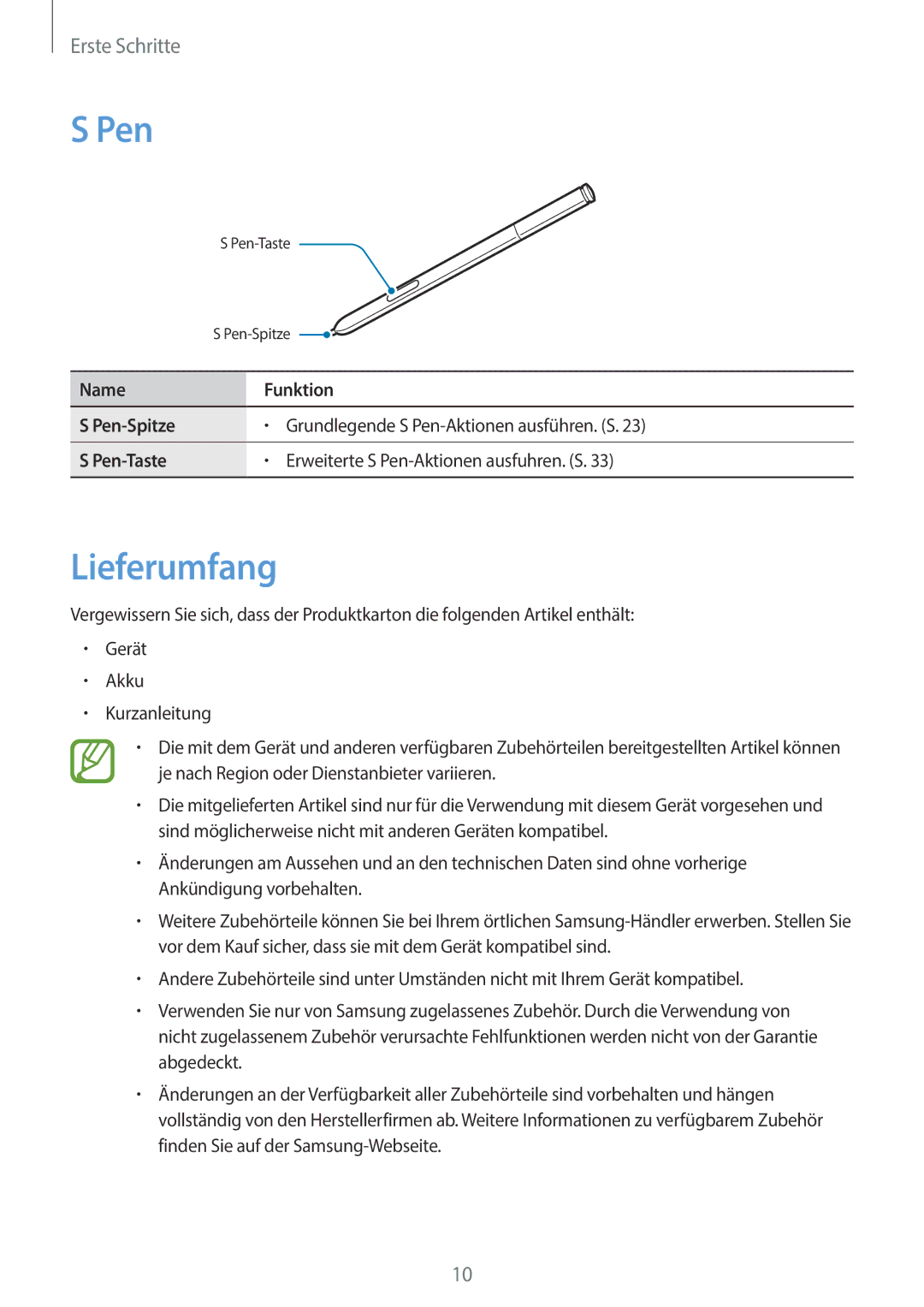 Samsung SM-N9005ZWECOS, SM-N9005ZKEXEO, SM-N9005ZWEVD2, SM-N9005ZWETMN Lieferumfang, Name Funktion Pen-Spitze, Pen-Taste 