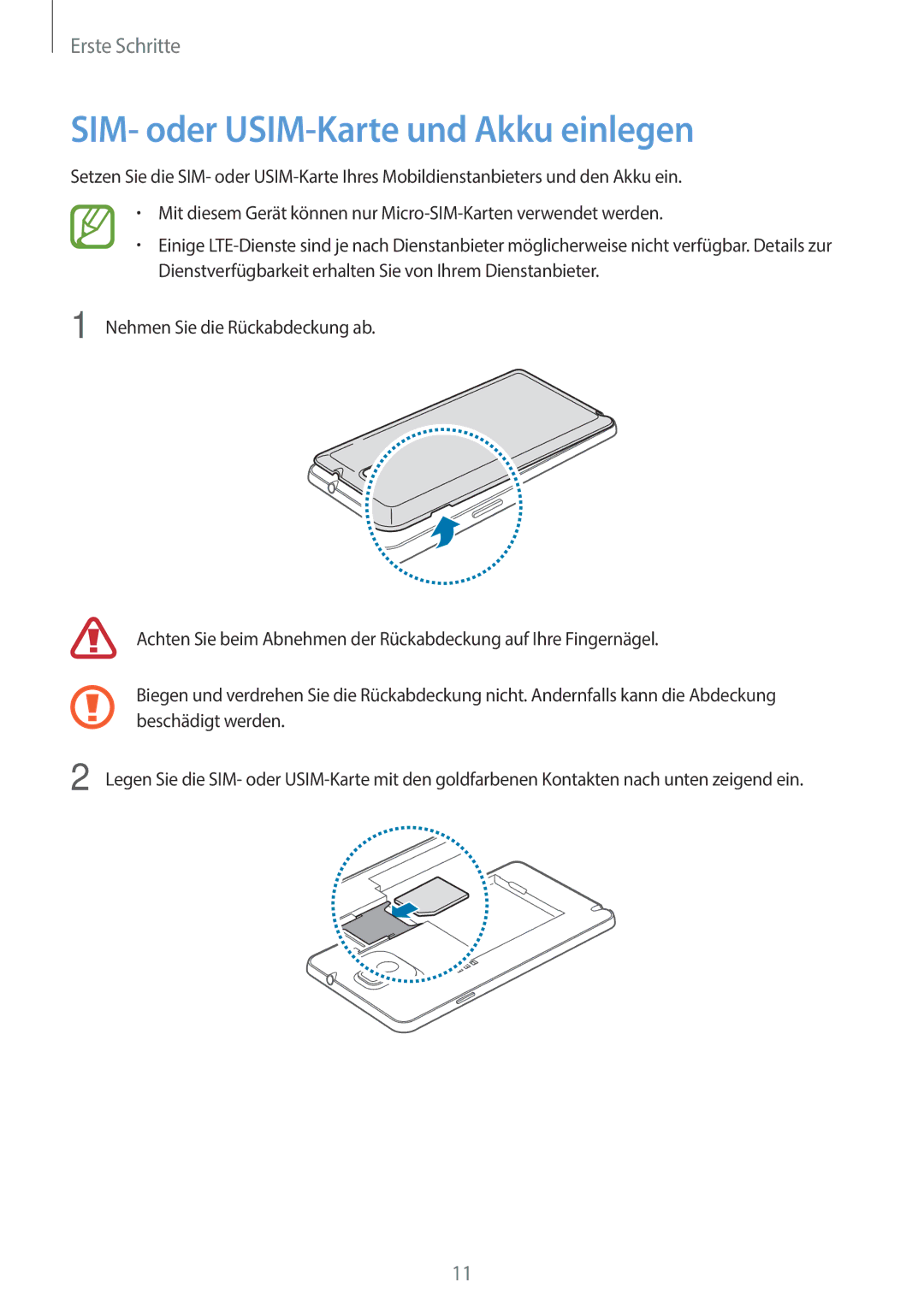 Samsung SM-N9005ZWESEB, SM-N9005ZKEXEO, SM-N9005ZWEVD2, SM-N9005ZWETMN, SM-N9005ZWETCL SIM- oder USIM-Karte und Akku einlegen 