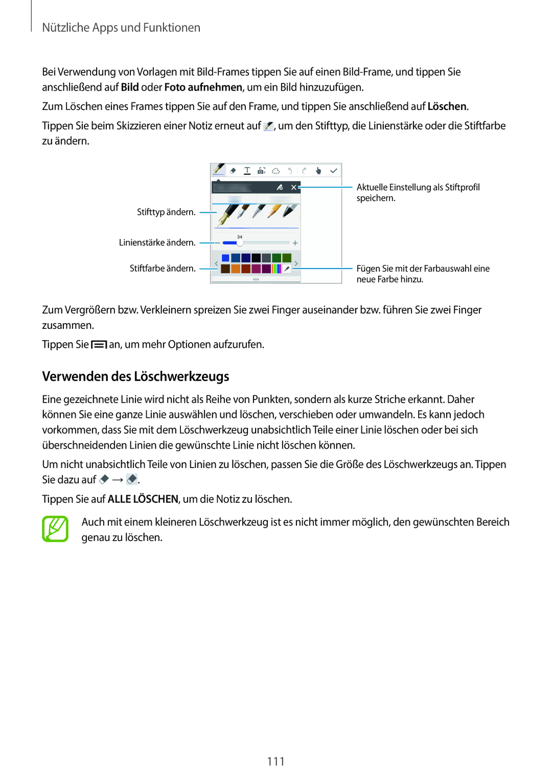 Samsung SM-N9005ZKEDTM, SM-N9005ZKEXEO, SM-N9005ZWEVD2 manual Verwenden des Löschwerkzeugs, Nützliche Apps und Funktionen 