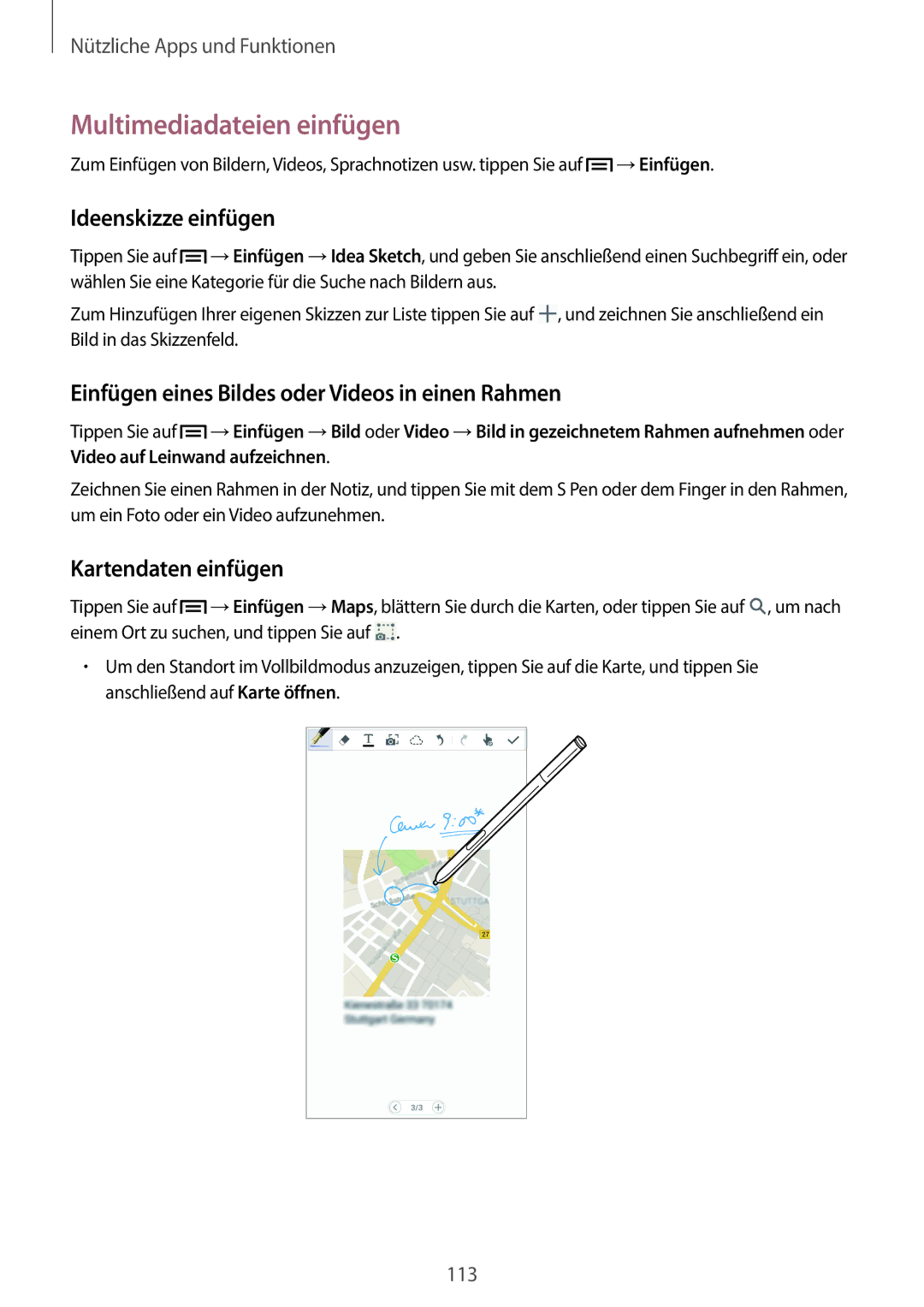 Samsung SM-N9005WDESEB Multimediadateien einfügen, Ideenskizze einfügen, Einfügen eines Bildes oder Videos in einen Rahmen 