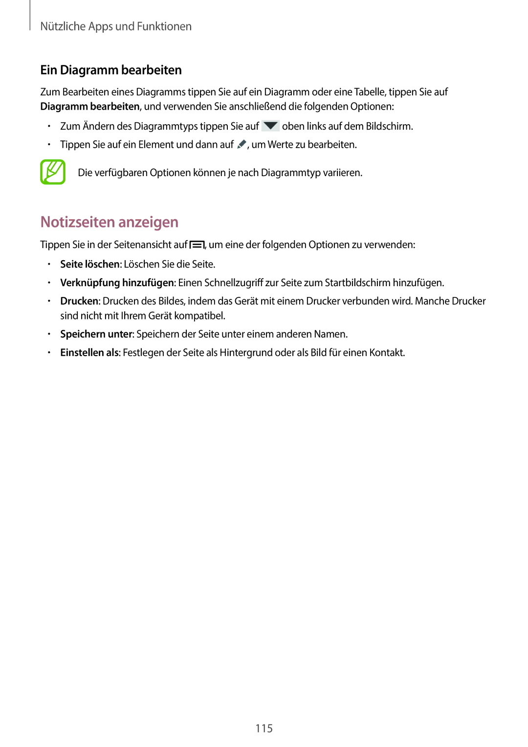 Samsung SM-N9005ZKESFR, SM-N9005ZKEXEO, SM-N9005ZWEVD2, SM-N9005ZWETMN manual Notizseiten anzeigen, Ein Diagramm bearbeiten 