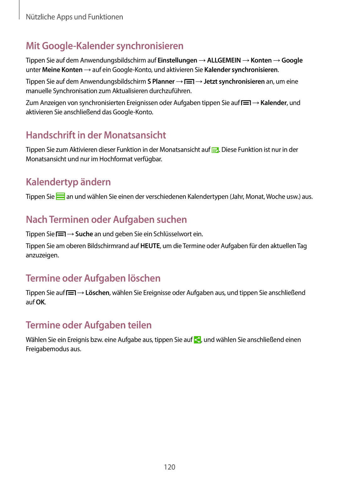Samsung SM-N9005ZWEITV manual Mit Google-Kalender synchronisieren, Handschrift in der Monatsansicht, Kalendertyp ändern 