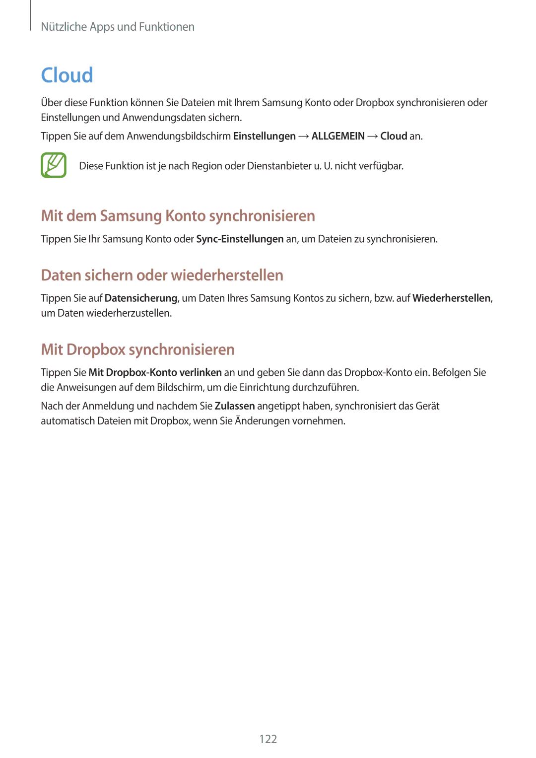 Samsung SM-N9005ZKEVD2, SM-N9005ZKEXEO Cloud, Mit dem Samsung Konto synchronisieren, Daten sichern oder wiederherstellen 