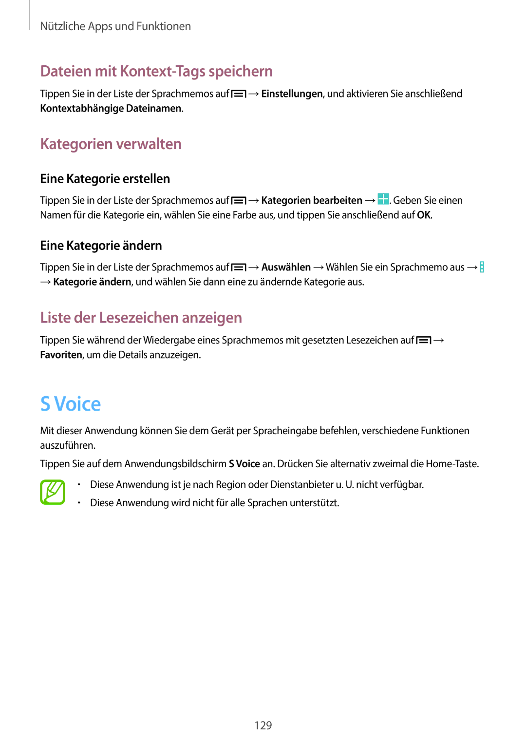 Samsung SM-N9005ZKEMEO Voice, Dateien mit Kontext-Tags speichern, Kategorien verwalten, Liste der Lesezeichen anzeigen 