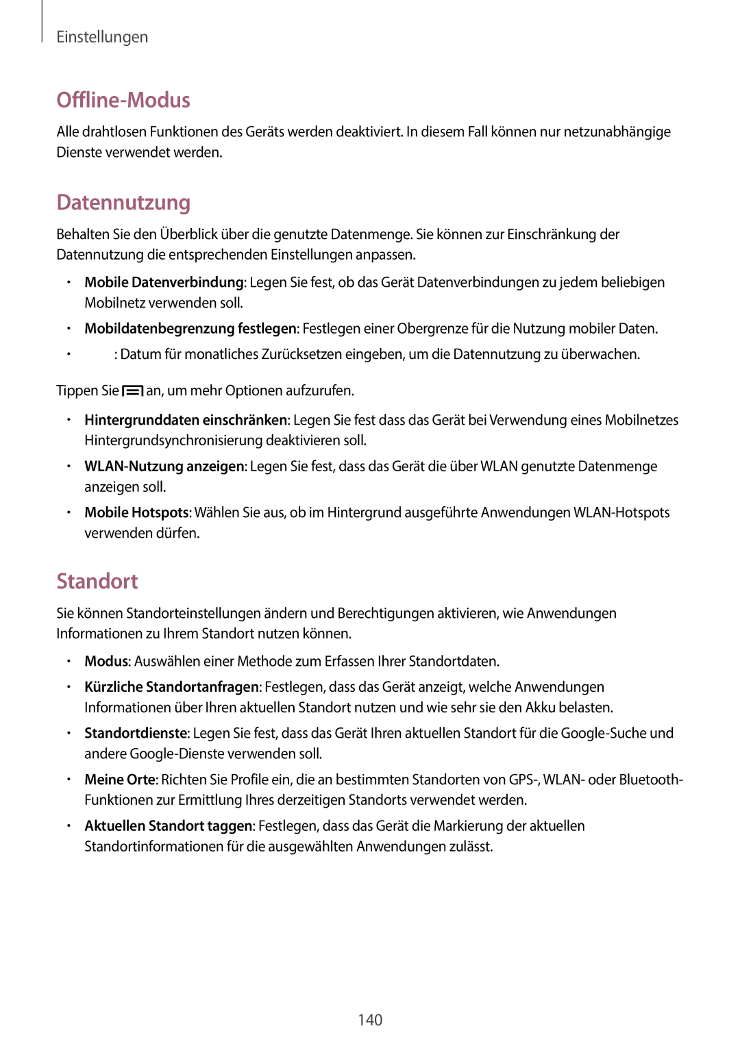 Samsung SM-N9005ZKEDTM, SM-N9005ZKEXEO, SM-N9005ZWEVD2, SM-N9005ZWETMN, SM-N9005ZWETCL Offline-Modus, Datennutzung, Standort 