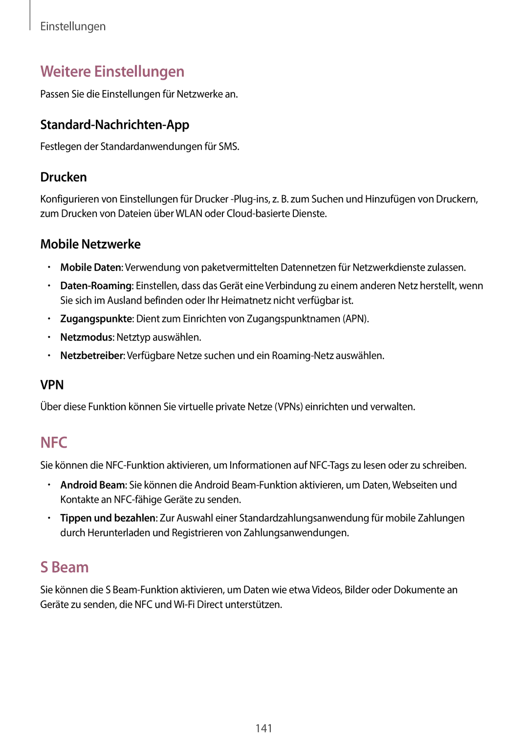 Samsung SM-N9005ZKEDBT, SM-N9005ZKEXEO Weitere Einstellungen, Beam, Standard-Nachrichten-App, Drucken, Mobile Netzwerke 
