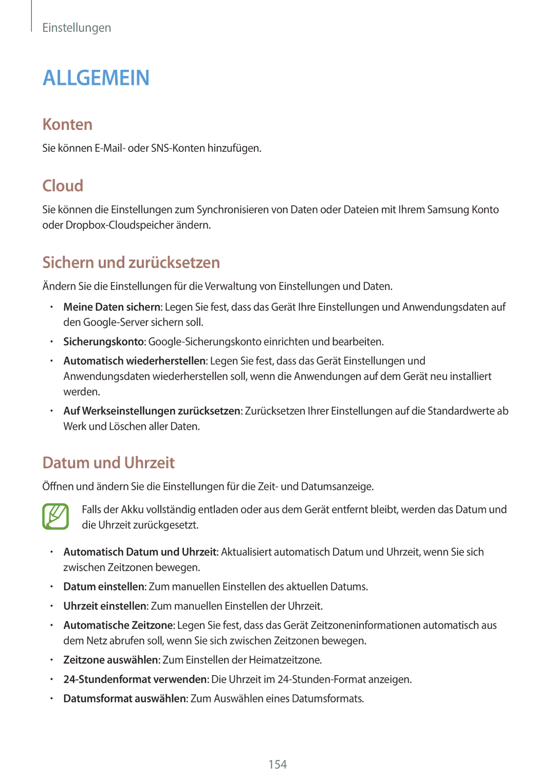 Samsung SM-N9005ZKETPH, SM-N9005ZKEXEO, SM-N9005ZWEVD2 manual Konten, Cloud, Sichern und zurücksetzen, Datum und Uhrzeit 