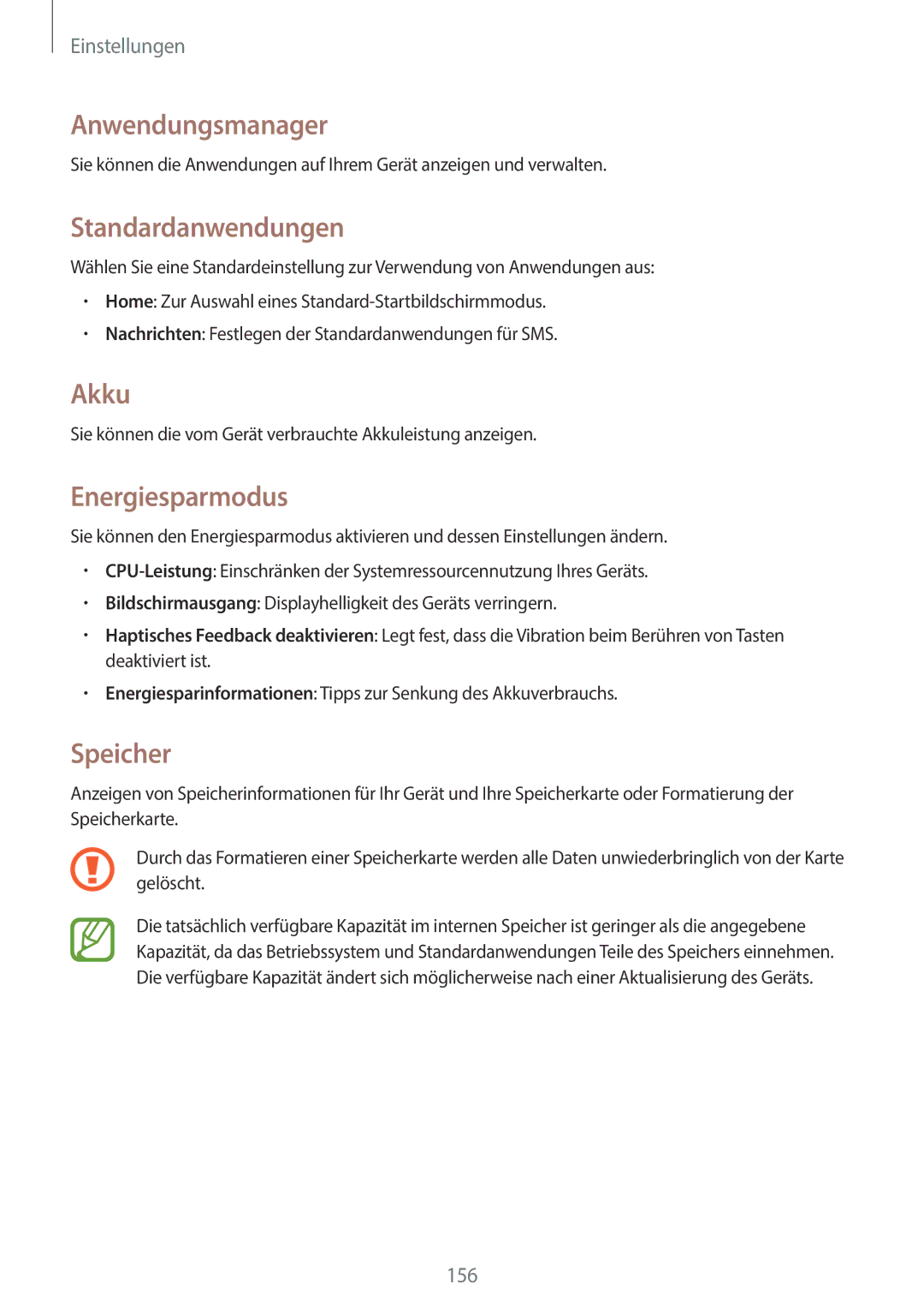 Samsung SM-N9005ZWESEB, SM-N9005ZKEXEO manual Anwendungsmanager, Standardanwendungen, Akku, Energiesparmodus, Speicher 