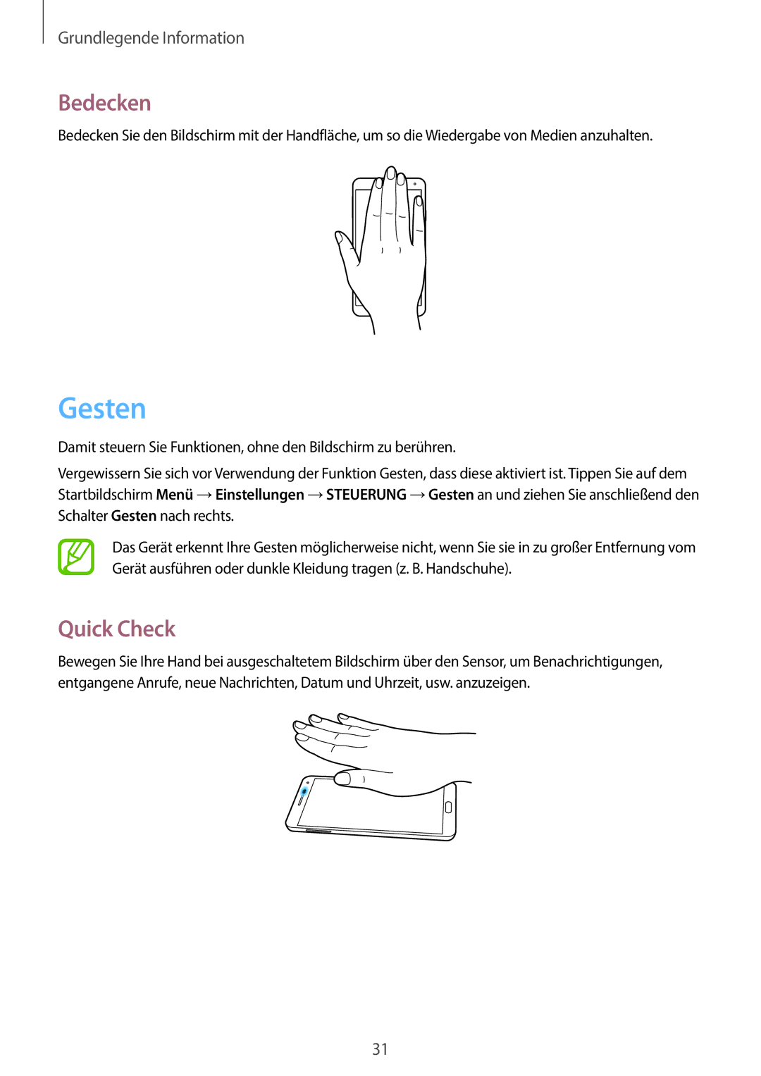 Samsung SM-N9005ZWETMN, SM-N9005ZKEXEO, SM-N9005ZWEVD2, SM-N9005ZWETCL, SM-N9005ZWEITV manual Gesten, Bedecken, Quick Check 