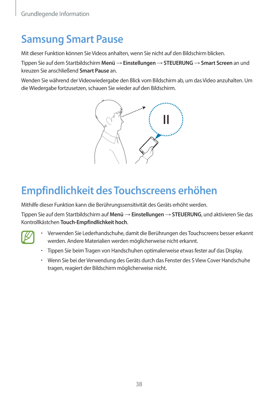 Samsung SM-N9005ZKETPH, SM-N9005ZKEXEO, SM-N9005ZWEVD2 manual Samsung Smart Pause, Empfindlichkeit des Touchscreens erhöhen 