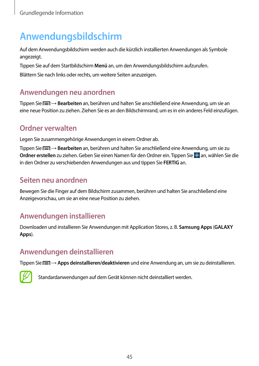 Samsung SM-N9005ZKEVIA manual Anwendungsbildschirm, Anwendungen neu anordnen, Ordner verwalten, Anwendungen installieren 