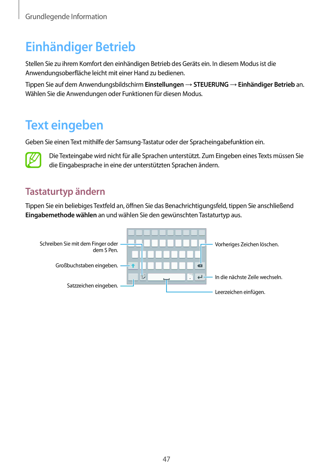 Samsung SM-N9005ZWEXEO, SM-N9005ZKEXEO, SM-N9005ZWEVD2 manual Einhändiger Betrieb, Text eingeben, Tastaturtyp ändern 