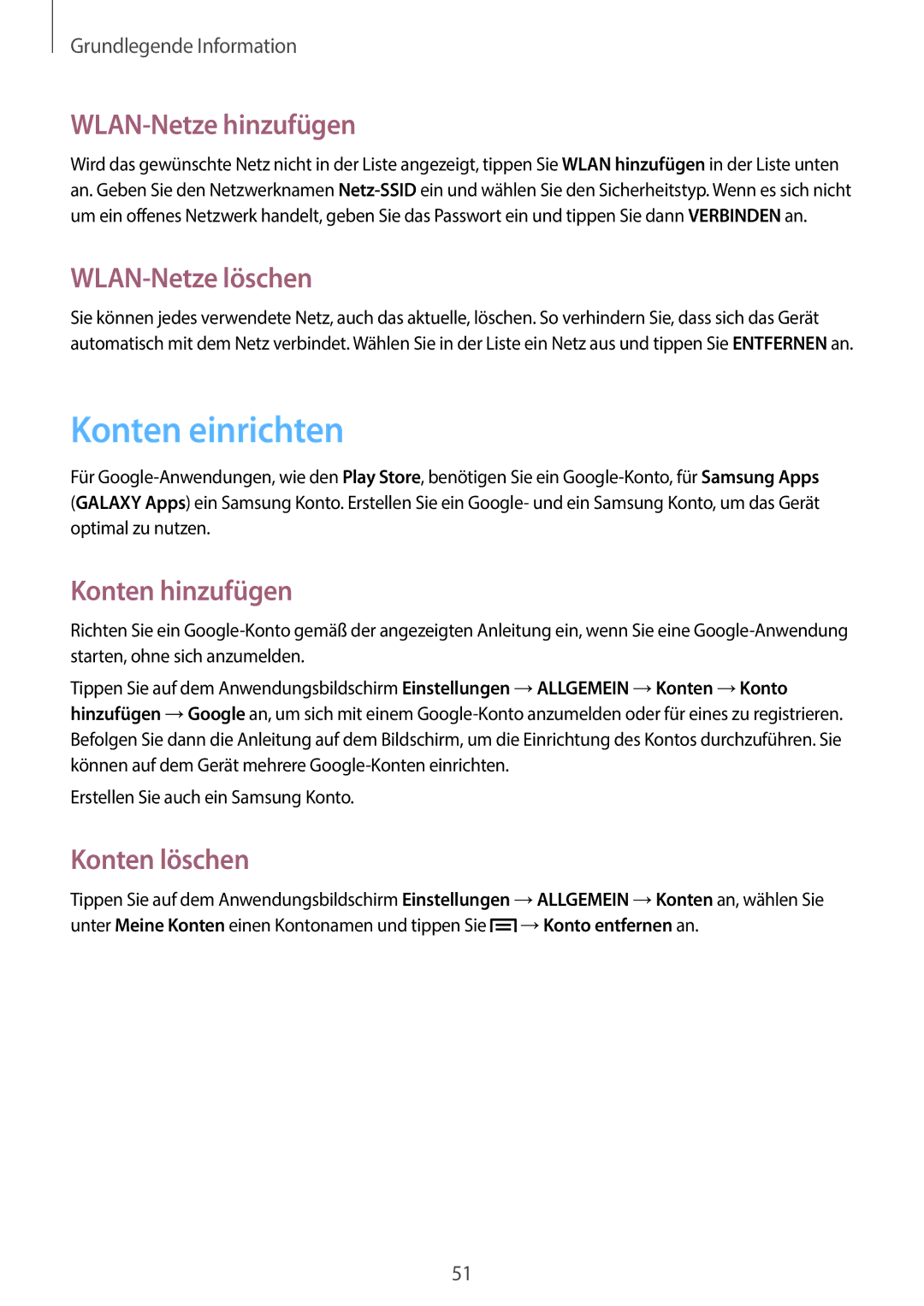 Samsung SM-N9005ZWEDTM Konten einrichten, WLAN-Netze hinzufügen, WLAN-Netze löschen, Konten hinzufügen, Konten löschen 