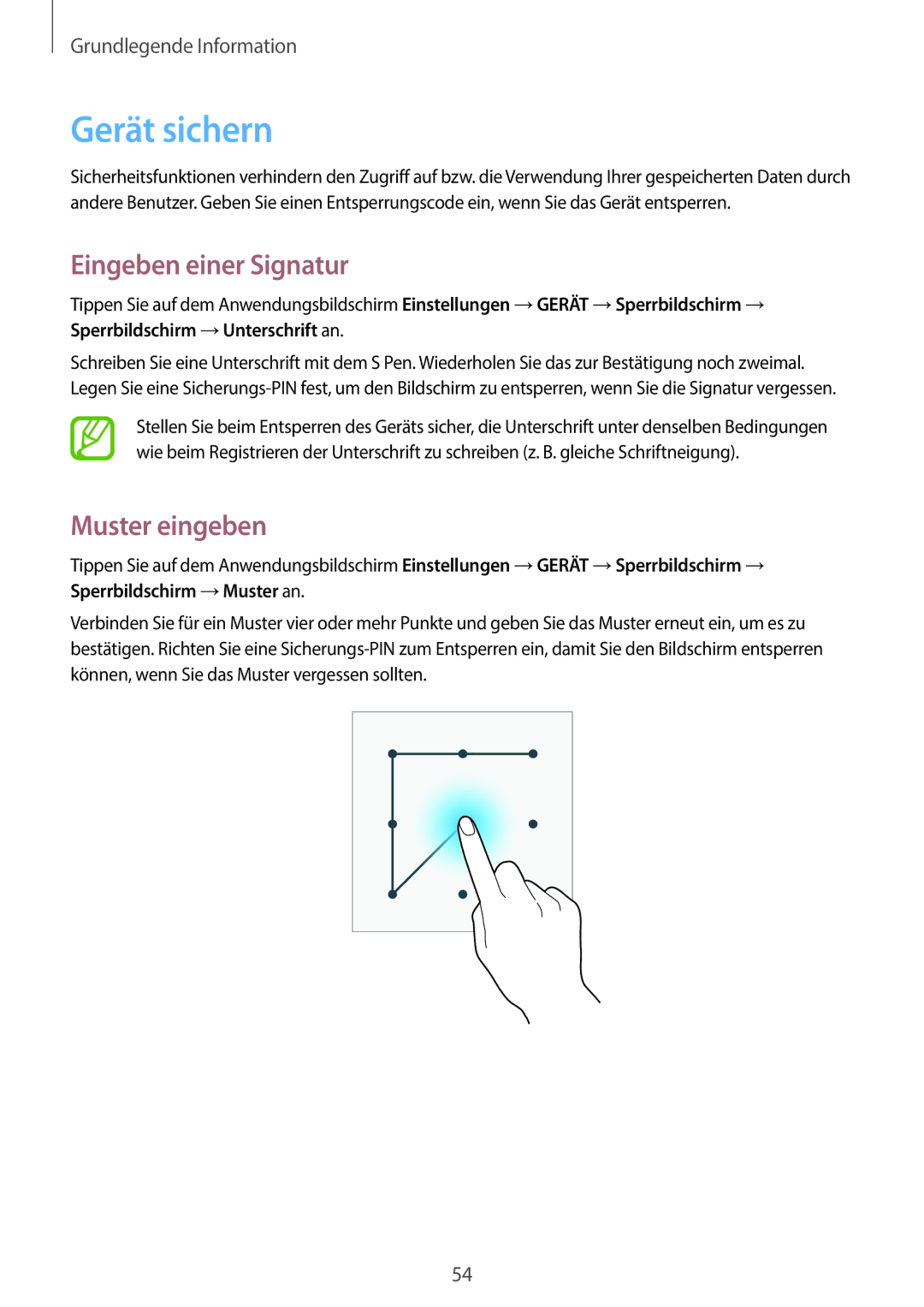 Samsung SM-N9005ZKEDBT, SM-N9005ZKEXEO, SM-N9005ZWEVD2 manual Gerät sichern, Eingeben einer Signatur, Muster eingeben 