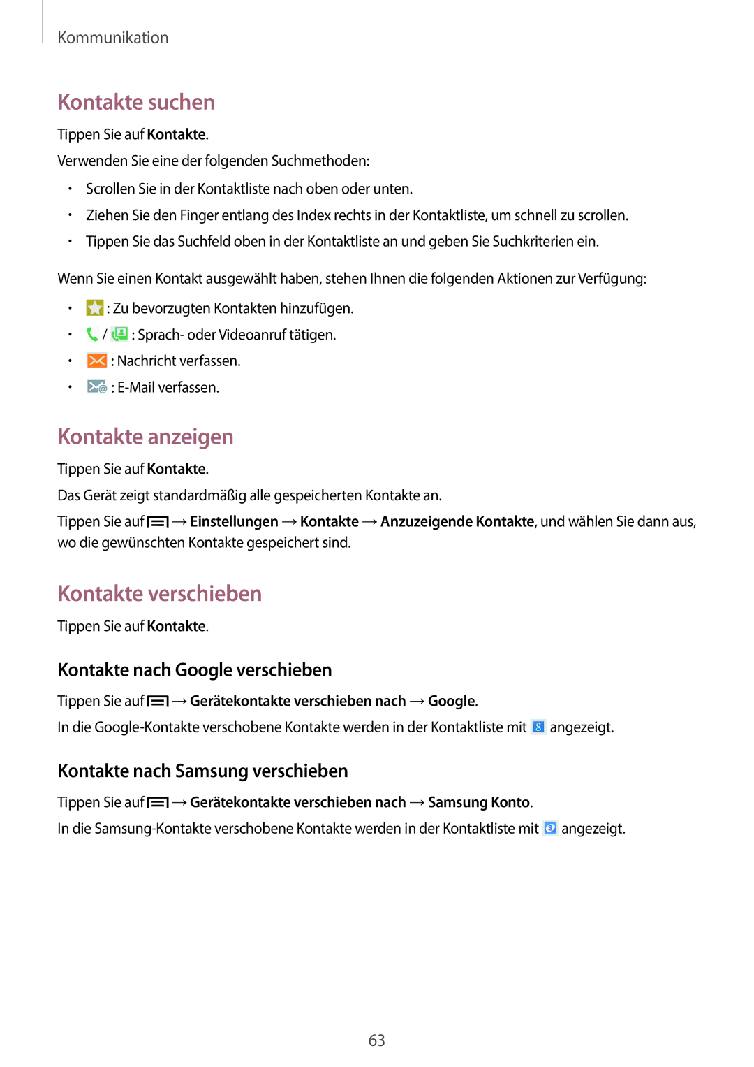 Samsung SM-N9005ZWEDBT manual Kontakte suchen, Kontakte anzeigen, Kontakte verschieben, Kontakte nach Google verschieben 