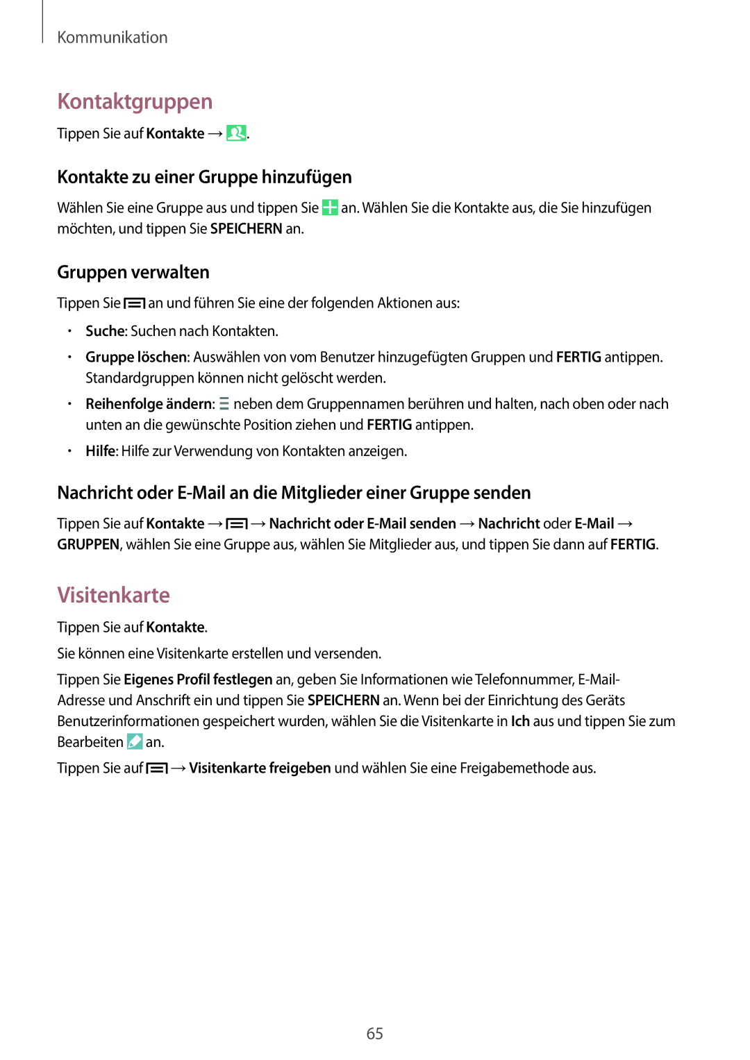 Samsung SM-N9005ZKEEUR manual Kontaktgruppen, Visitenkarte, Kontakte zu einer Gruppe hinzufügen, Gruppen verwalten 