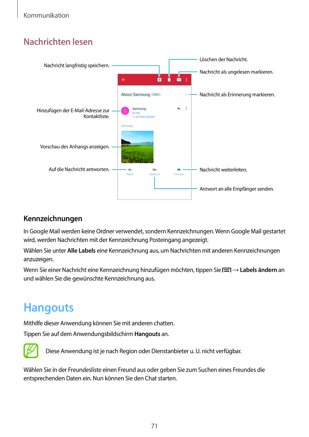 Samsung SM-N9005ZKEMEO, SM-N9005ZKEXEO, SM-N9005ZWEVD2, SM-N9005ZWETMN, SM-N9005ZWETCL manual Hangouts, Kennzeichnungen 