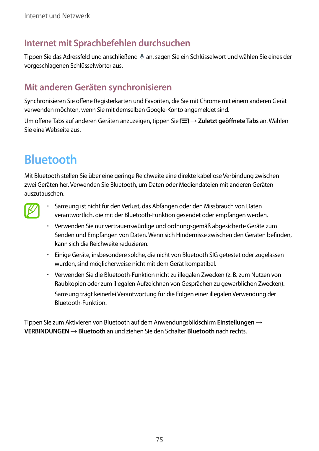 Samsung SM-N9005ZWETPH manual Bluetooth, Internet mit Sprachbefehlen durchsuchen, Mit anderen Geräten synchronisieren 