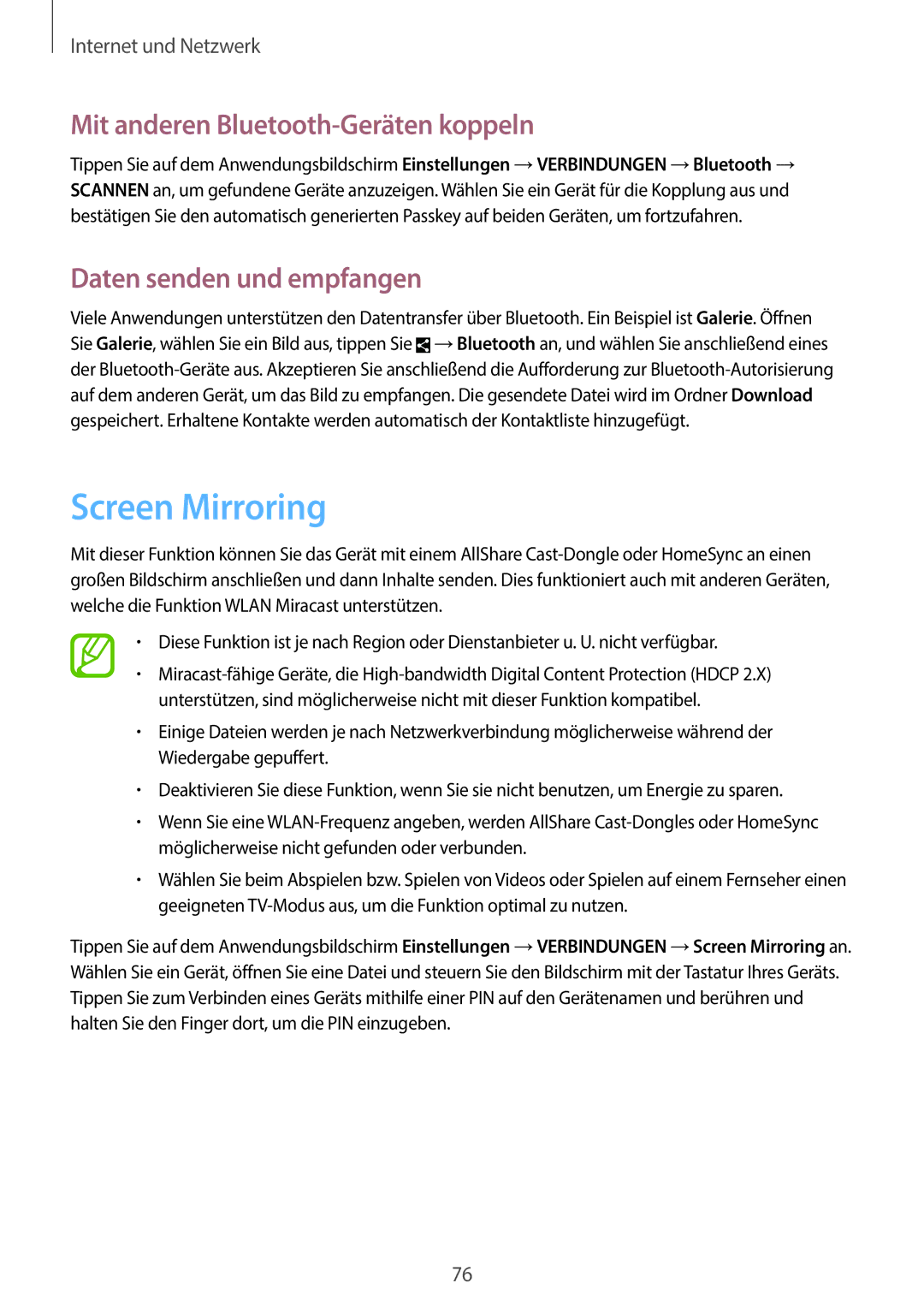 Samsung SM-N9005ZWEXEO, SM-N9005ZKEXEO Screen Mirroring, Mit anderen Bluetooth-Geräten koppeln, Daten senden und empfangen 