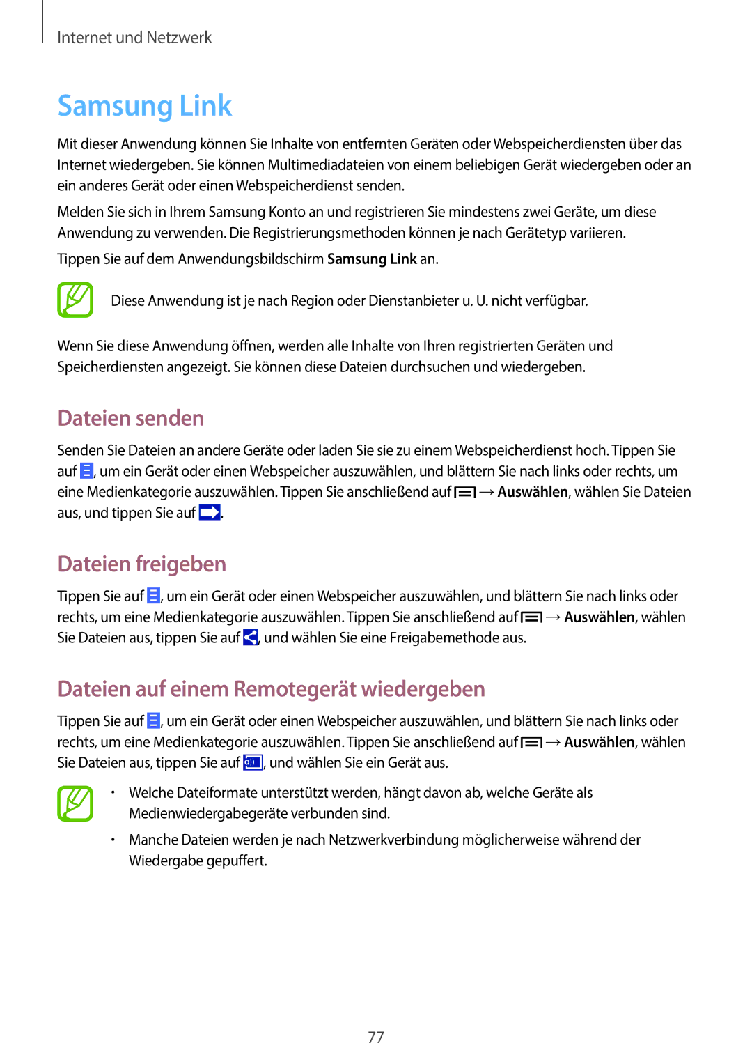 Samsung SM-N9005ZKEITV manual Samsung Link, Dateien senden, Dateien freigeben, Dateien auf einem Remotegerät wiedergeben 