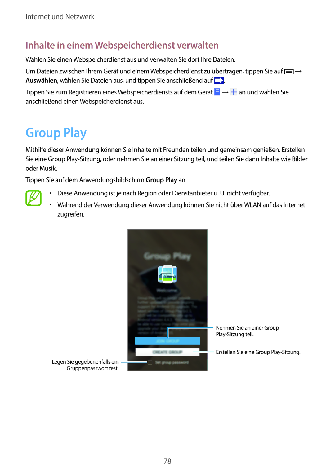 Samsung SM-N9005ZKEPRT, SM-N9005ZKEXEO, SM-N9005ZWEVD2 manual Group Play, Inhalte in einem Webspeicherdienst verwalten 