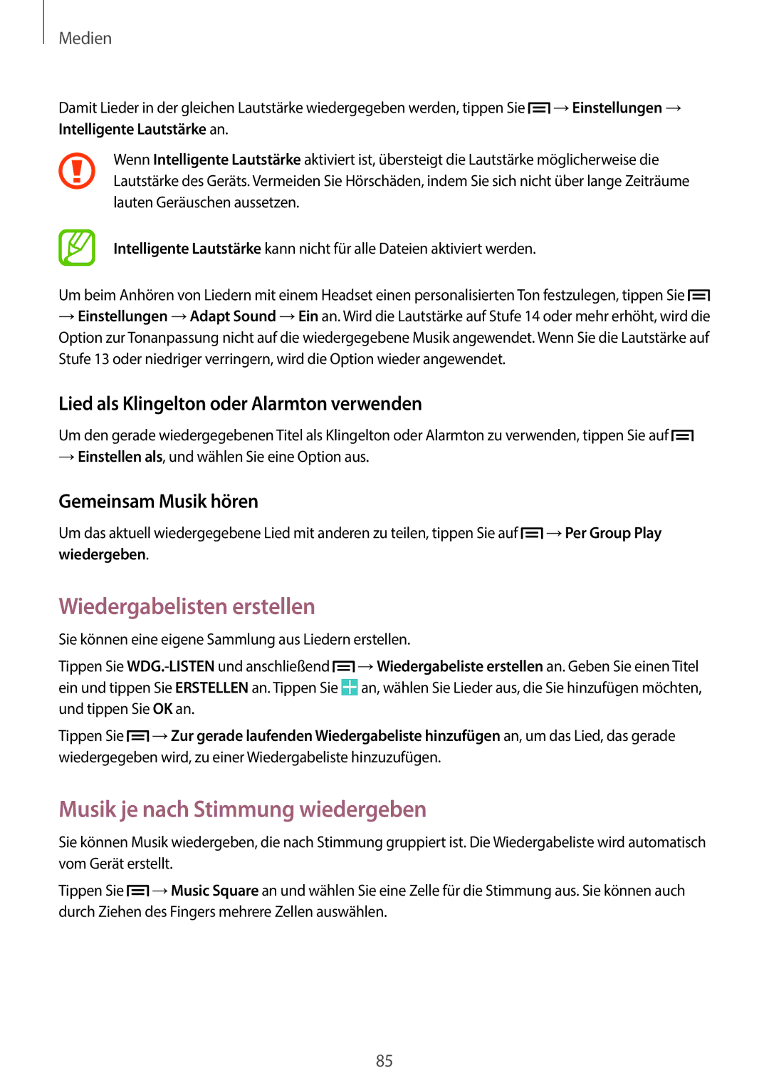 Samsung SM-N9005ZWESFR manual Wiedergabelisten erstellen, Musik je nach Stimmung wiedergeben, Gemeinsam Musik hören 